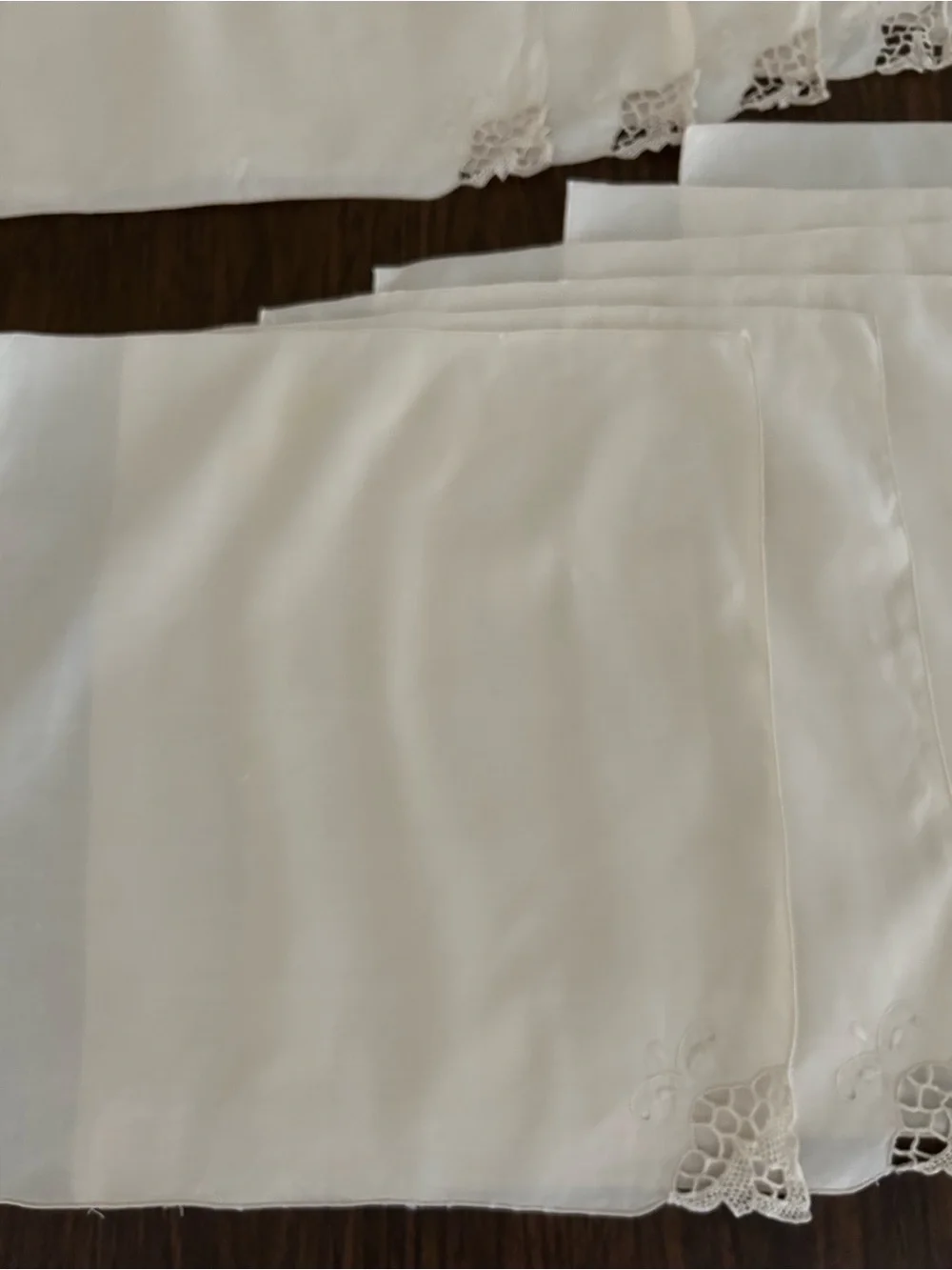 Vintage Linen Napkins Set of 12 Ecru Crochet Lace Corners Embroidered 16”